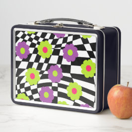 Metaal Lunchbox met Retro Checkers en Flowers
