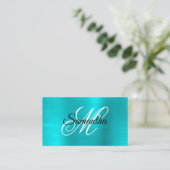 Metaal Turquoise Blauwe Folie Fancy Monogram Visitekaartje (Staand voorkant)