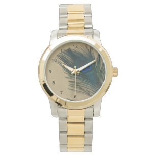 Metaalachtige gouden pauwenveer horloge