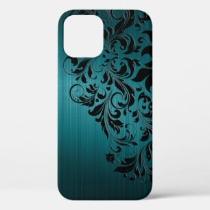 Metaalblauw-groen geborsteld aluminium & zwarte ka iPhone 12 hoesje