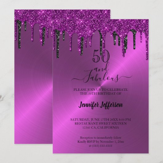 Metaalglitter dripping Birthday Invitation Kaart (Voorkant / Achterkant)