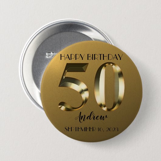 Metaalgoud 50e verjaardag ronde button 7,6 cm (Voorkant /achterkant)