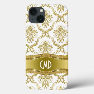 Metaalgoud en witte  Floral Damaskers iPhone 13 Hoesje
