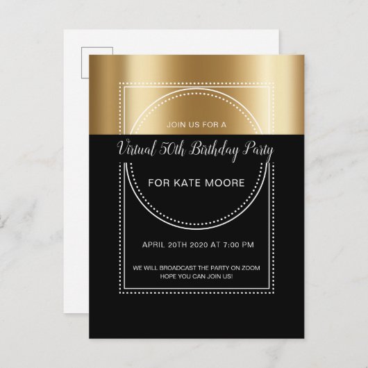 Metaalgoud van virtuele feestdag op 50e zwart uitnodiging briefkaart (Voorkant / Achterkant)