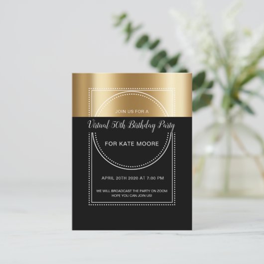 Metaalgoud van virtuele feestdag op 50e zwart uitnodiging briefkaart (Staand voorkant)
