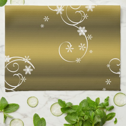 Metaalgoud, witte zwitjes kerstmis theedoek (Gevouwen)