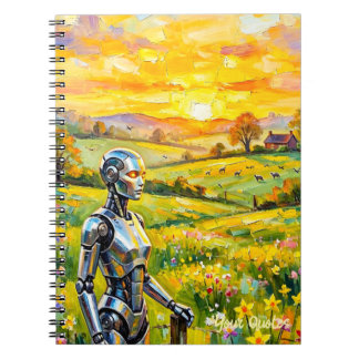 Metaalrobot in Zonsondergang Weide Olie Schilderij Notitieboek