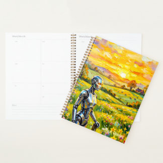Metaalrobot in Zonsondergang Weide Olie Schilderij Planner