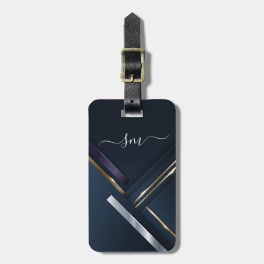 Metal 3-D look Calligraphy Gold Monogram Black Bagagelabel (Voorkant verticaal)