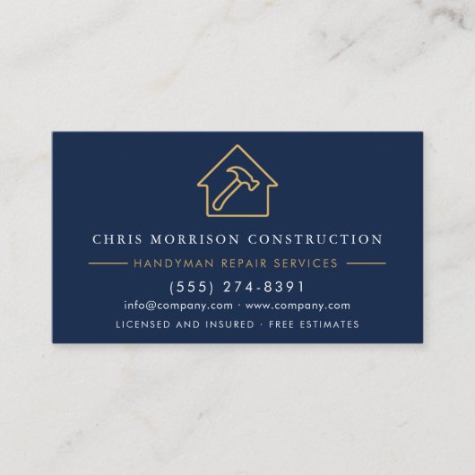Metal Handyman Construction Navy Blue Gold QR Code Visitekaartje (Voorkant)