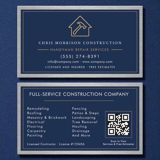 Metal Handyman Navy Blue Gold QR Code Visitekaartje