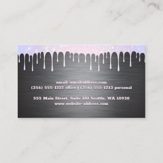 Metal Silver Brushed | Bokeh Sparkle Drip Visitekaartje (Achterkant)