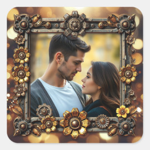 Metalen Bloemen Steampunk Gepersonaliseerde Weddin Vierkante Sticker