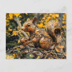 Metalen eekhoorn op tak in de herfst briefkaart