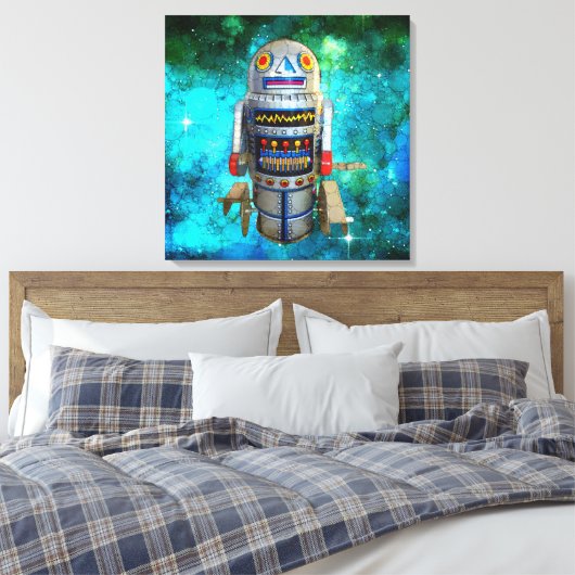 Metalen speelgoed robot blauw bubble sterrenstelse canvas afdruk (Insitu (Slaapkamer))