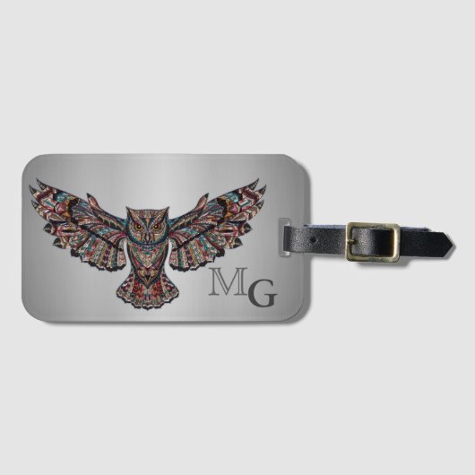 Metalized Owl Art Monogram Bagagelabel (Voorkant (horizontaal))