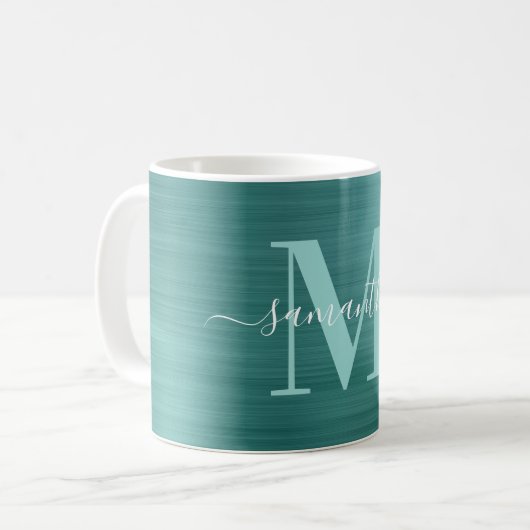 Metallic Aqua Blauwgroen Signature Monogram Koffiemok (Voorkant links)