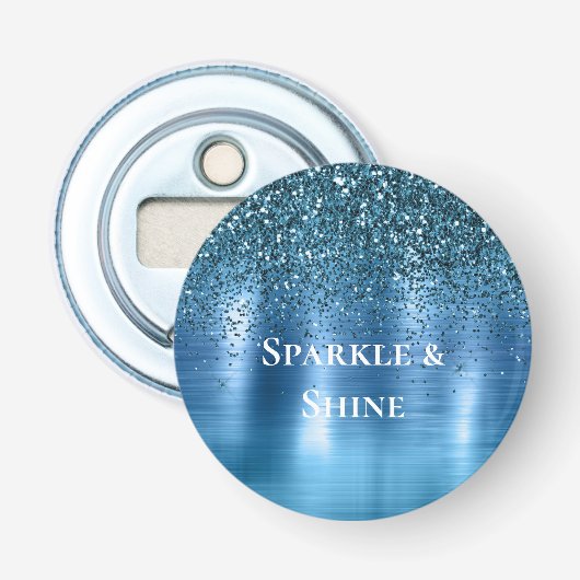 Metallic Aqua Blue Glitter Button Flesopener (Voorkant)