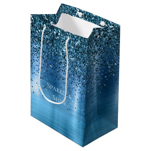 Metallic Aqua Blue Glitter Medium Cadeauzakje (Voorkant Gekanteld)