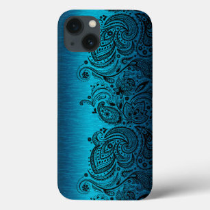 Metallic Aqua Blue met Black Paisley Lace iPhone 13 Hoesje