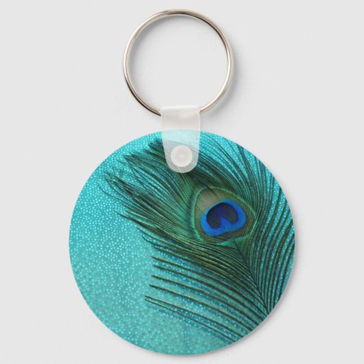 Metallic Aqua Blue Peacock Feather Sleutelhanger (Voorkant)