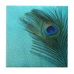 Metallic Aqua Blue Peacock Feather Tegeltje