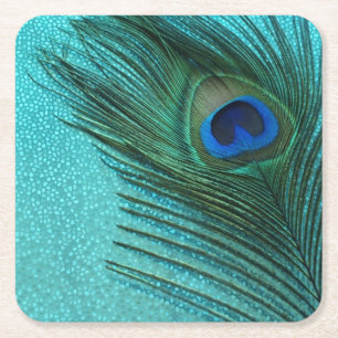 Metallic Aqua Blue Peacock Feather Vierkante Kartonnen Onderzetter