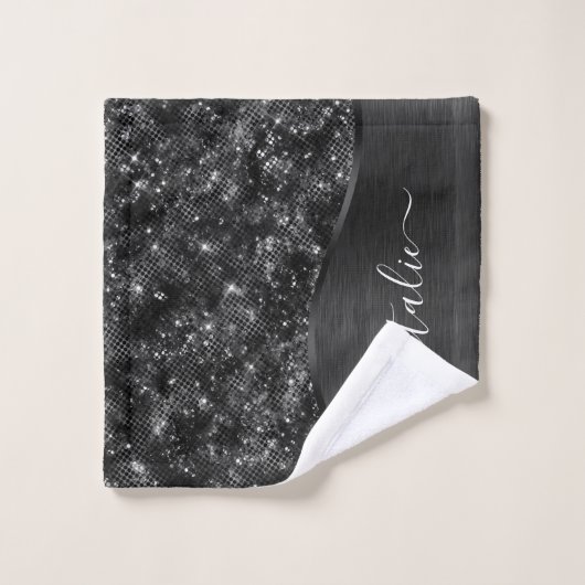 Metallic Black Glitter Personalized Bad Handdoek (Wasdoekje)
