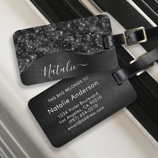 Metallic Black Glitter Personalized Bagagelabel