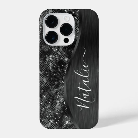 Metallic Black Glitter Personalized iPhone Hoesje (Achterkant)
