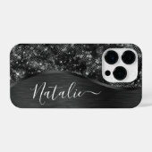 Metallic Black Glitter Personalized iPhone Hoesje (Achterkant horizontaal)