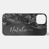 Metallic Black Glitter Personalized iPhone Hoesje (Achterkant horizontaal)