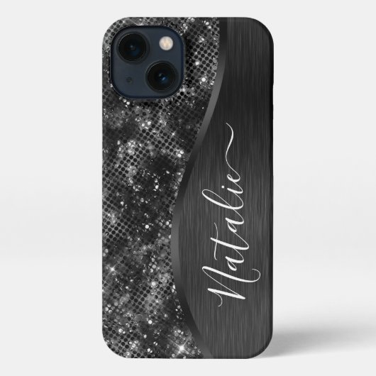 Metallic Black Glitter Personalized iPhone Hoesje (Achterkant)