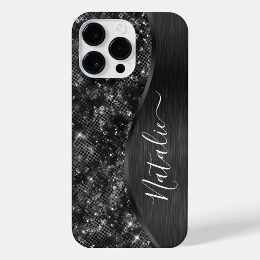 Metallic Black Glitter Personalized iPhone Hoesje (Achterkant)