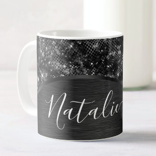 Metallic Black Glitter Personalized Koffiemok