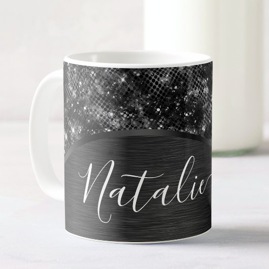Metallic Black Glitter Personalized Koffiemok