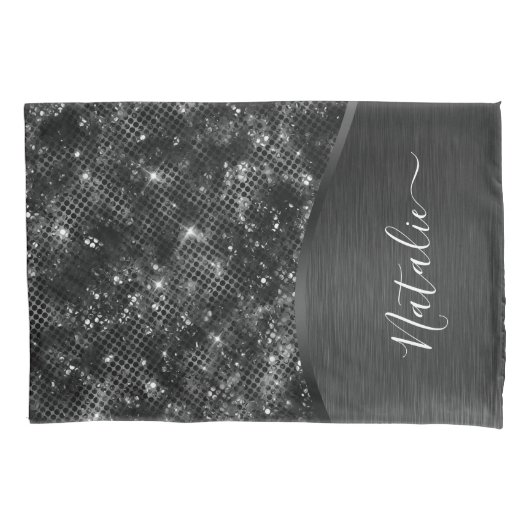 Metallic Black Glitter Personalized Kussensloop (Voorkant)