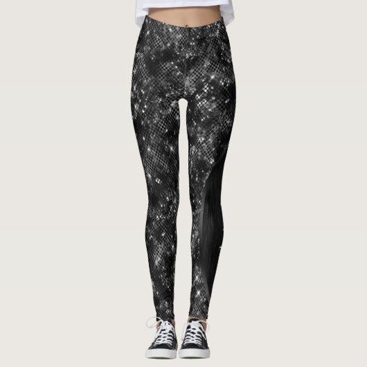 Metallic Black Glitter Personalized Leggings (Voorkant)