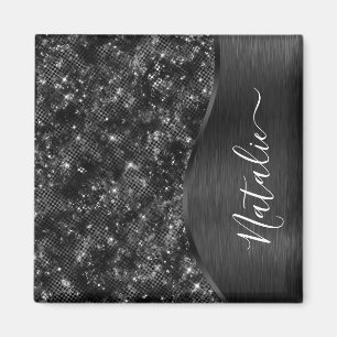 Metallic Black Glitter Personalized Magneet