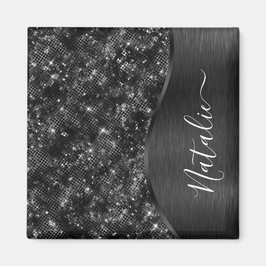 Metallic Black Glitter Personalized Magneet (Voorkant)