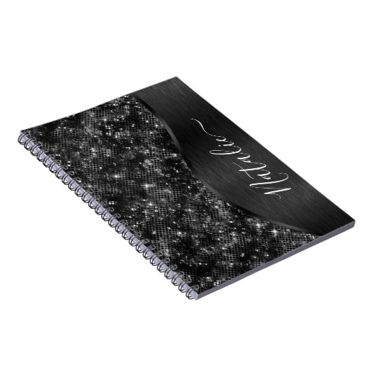 Metallic Black Glitter Personalized Notitieboek (Rechterzijde)