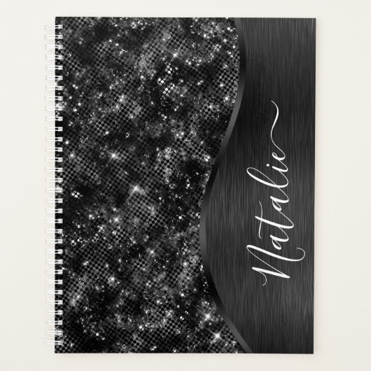 Metallic Black Glitter Personalized Planner (Voorkant)