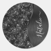 Metallic Black Glitter Personalized Ronde Sticker (Voorkant)