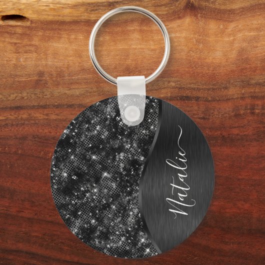 Metallic Black Glitter Personalized Sleutelhanger (Voorkant)