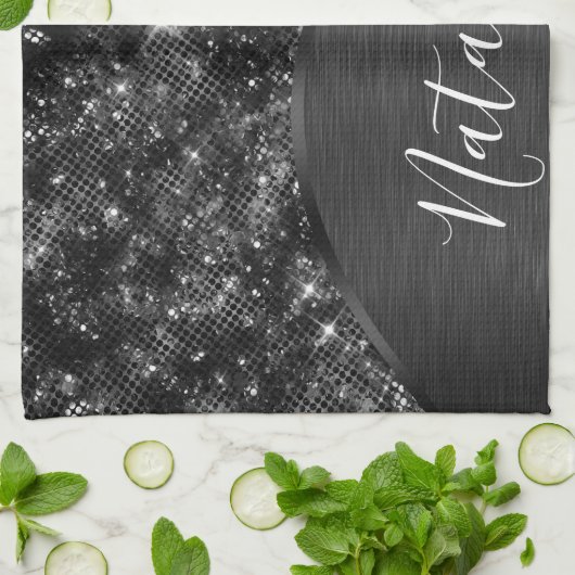 Metallic Black Glitter Personalized Theedoek (Gevouwen)