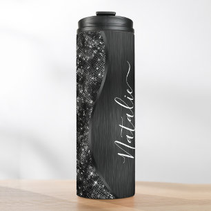 Metallic Black Glitter Personalized Thermosbeker