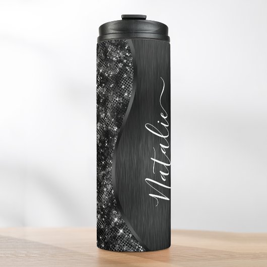 Metallic Black Glitter Personalized Thermosbeker