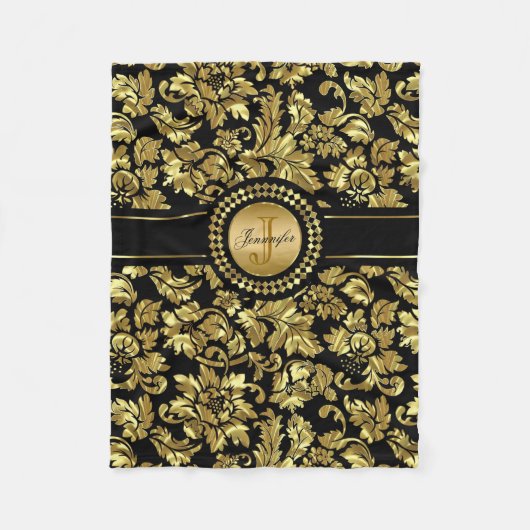 Metallic Black & Gold  Damasmonogram Fleece Deken (Voorkant)