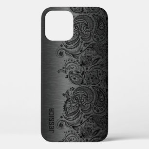 Metallic Black met zwarte Paisley Lace iPhone 12 Hoesje