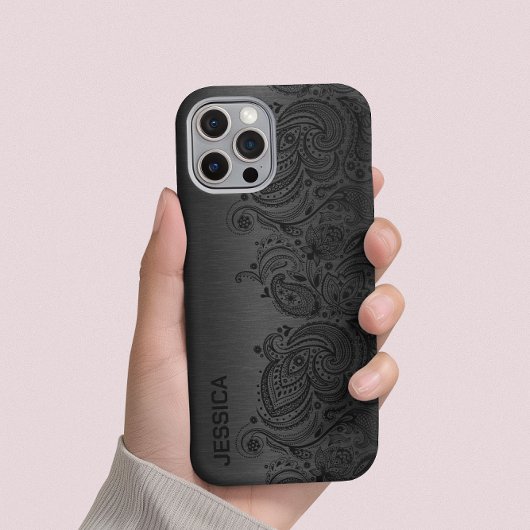 Metallic Black met zwarte Paisley Lace Case-Mate iPhone Case